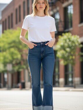 Miss Carmin Women's Flared Denim Jeans Size 27 Medium Wash Retro Button Detail C